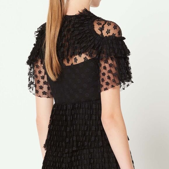 Sandro Floral Lace Tiered Short Sleeve Mini Dress size 38 US 6 Black Party Event - Picture 2 of 12